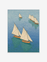 Overhead view of multiple sailboats with white sails and orange hulls on blue and green water, in a woodblock print style