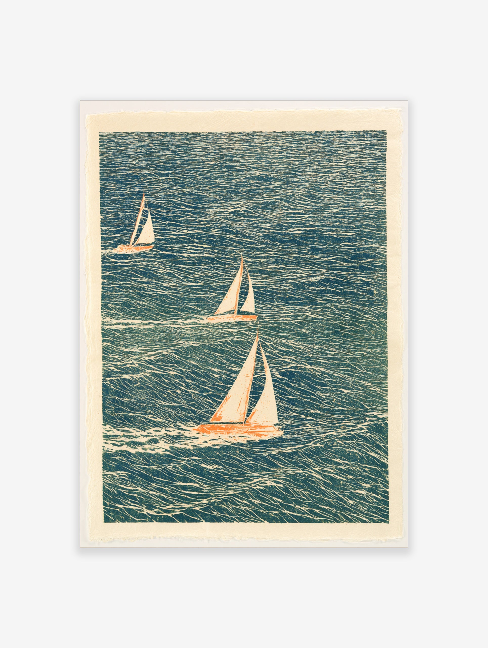 Illustrative sailboat wall art with three boats on a textured blue sea, cream sails, nautical print on satin paper