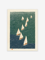 Illustrative woodcut print of nine sailboats with white sails on wavy teal and blue water