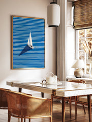 Minimalist sailboat wall art print on blue and white striped water with a dark shadow. - Image 2