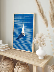 Minimalist sailboat wall art print on blue and white striped water with a dark shadow. - Image 3