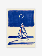 Blue sailboat with geometric sails and white moon on cream background, stylized waves, modern nautical art print