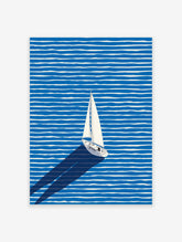 White sailboat with a long shadow sailing across a blue and white striped ocean in a modern illustration wall art.