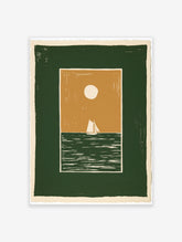Minimalist sailboat wall art illustration with a green sea, tan sky, and white sun, in a graphic, modern style