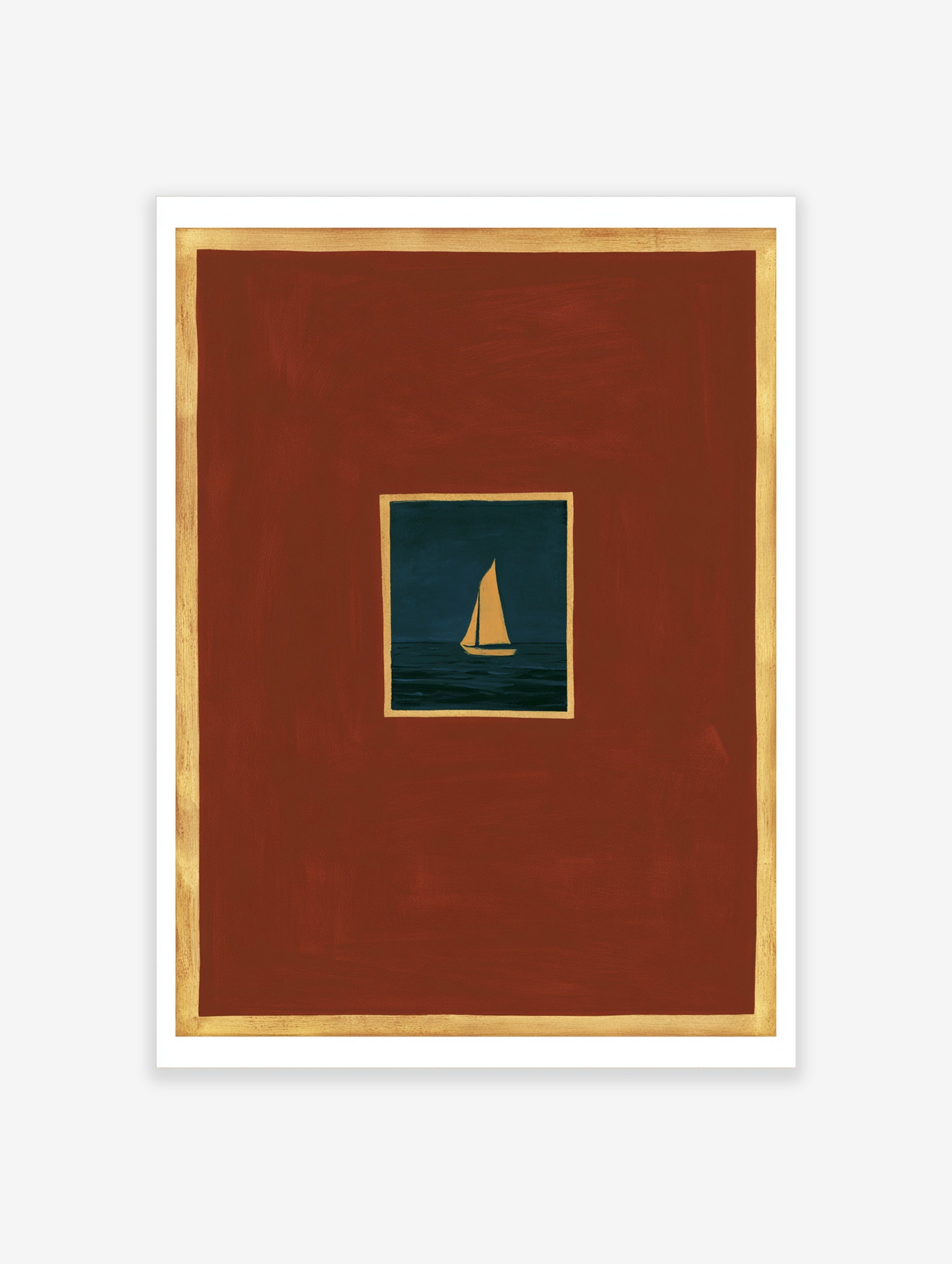 Minimalist sailboat wall art with a golden boat on a dark sea, red background, and gold borders
