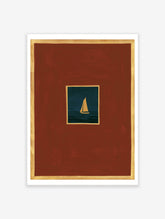 Minimalist sailboat wall art with a golden boat on a dark sea, red background, and gold borders
