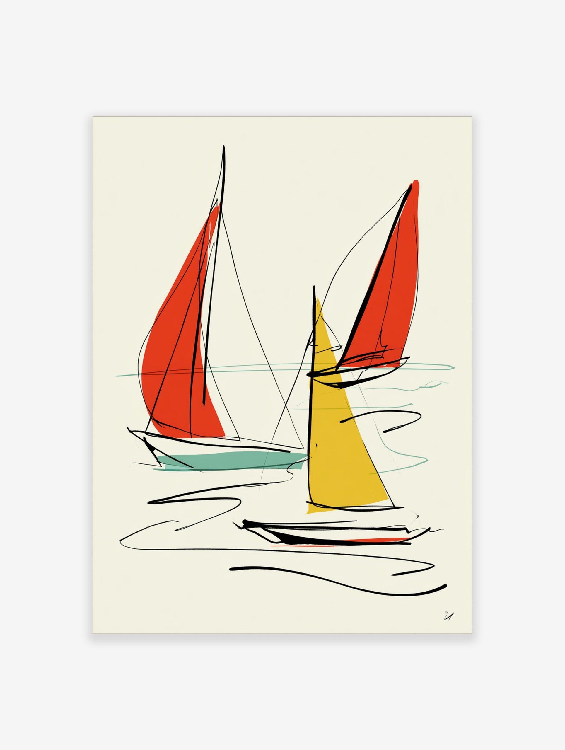 Minimalist sailboat wall art with red and yellow sails and black ink lines on a neutral background