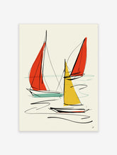 Minimalist sailboat wall art with red and yellow sails and black ink lines on a neutral background