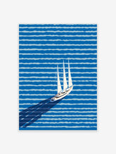 Modern sailboat wall art illustration with a white yacht on a blue striped ocean, casting a long shadow.
