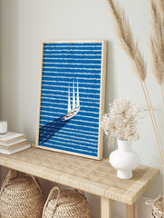 Modern sailboat wall art illustration with a white yacht on a blue striped ocean, casting a long shadow. - Image 3