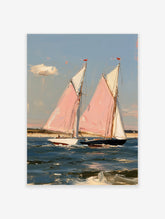 Painterly art print of two sailboats with pink sails on blue water, coastal nautical scene