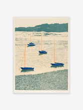 Illustration of five blue sailboats with orange masts on a textured teal sea