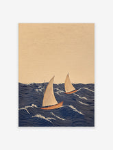 Illustrative print of two sailboats with beige sails and reddish hulls on a dark blue wavy sea with white foam, under a
