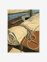 Sailing boat deck poster with coiled rope, folded cream sail, and varnished wood in an impressionist style