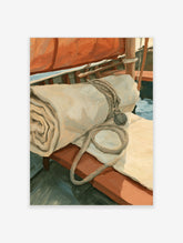 Sailing boat deck poster showing rolled sail, coiled rope, and teak wood in a painting style