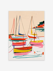 Abstract sailing boats and yachts illustration with vibrant pink, yellow, and teal colours on a neutral background