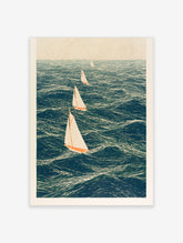 Four sailing boats with white sails and orange hulls on a deep blue sea in an illustrative nautical art print