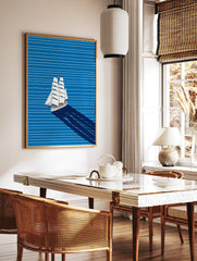Sailing ship art illustration with white sails on a blue striped background and a long dark shadow. - Image 2