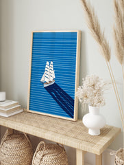 Sailing ship art illustration with white sails on a blue striped background and a long dark shadow. - Image 3