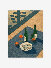 Japanese woodblock style print of two sake bottles, oysters on ice, a drink, and candles on a blue cloth