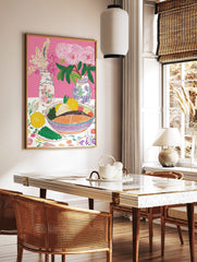 Colourful still life illustration of salmon, lemons, olives, asparagus, and pink flowers in vases, in a styled room mockup