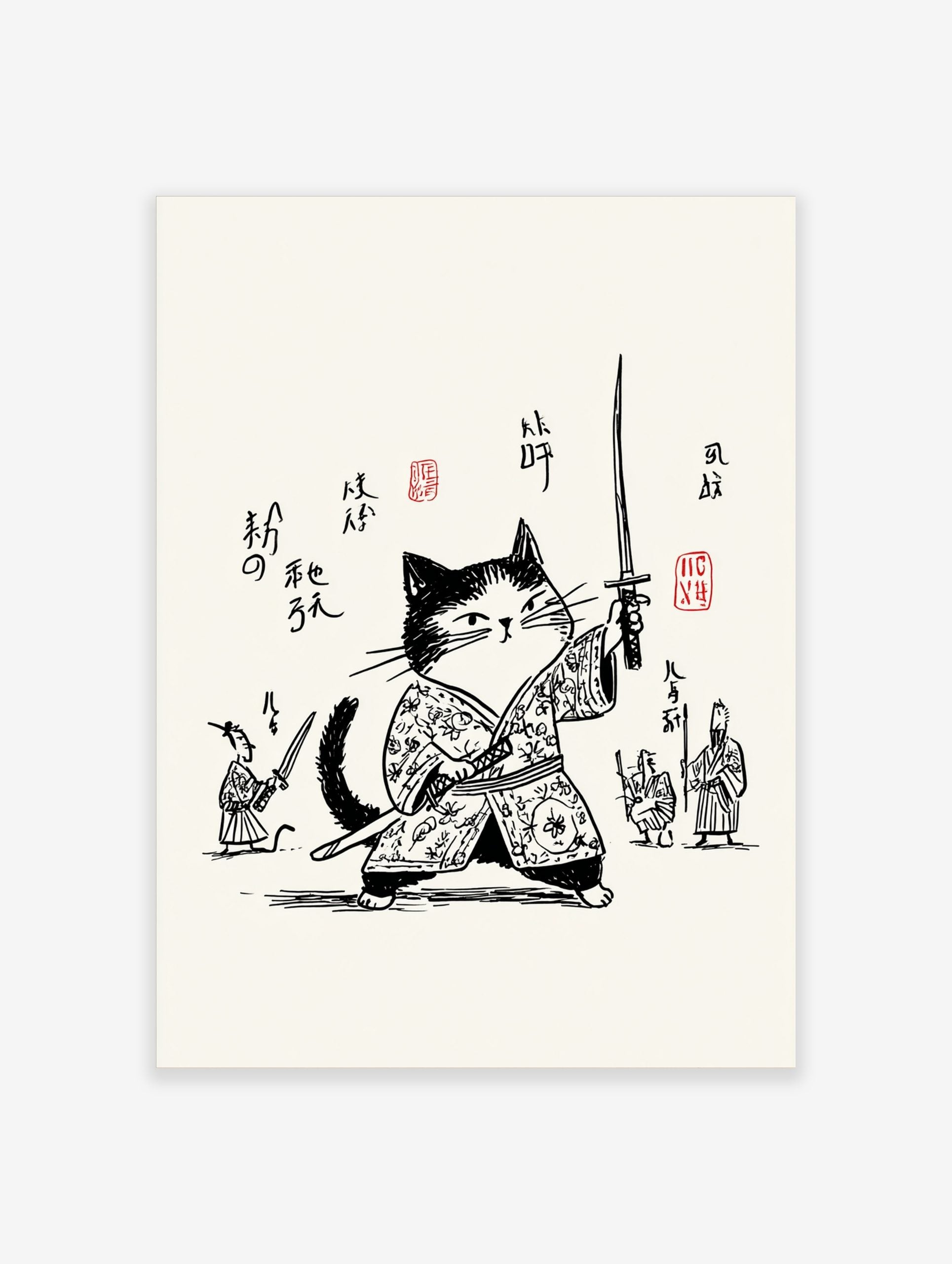 Monochrome illustrative print of a samurai cat in traditional Japanese attire, holding a katana, with smaller figures and