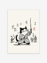 Monochrome illustrative print of a samurai cat in traditional Japanese attire, holding a katana, with smaller figures and