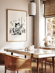 Monochrome illustrative print of a samurai cat in traditional Japanese attire, holding a katana, in a styled room mockup