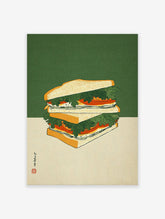 Illustrated sandwich wall art with green and beige background, featuring stacked bread, lettuce, and tomato in Japanese Ukiyo-e style.