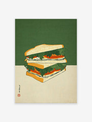 Illustrated sandwich wall art with green and beige background, featuring stacked bread, lettuce, and tomato in Japanese Ukiyo-e style.
