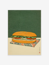 Japanese Ukiyo-e style sandwich wall art print featuring a sub on a patterned napkin against a dark green background.