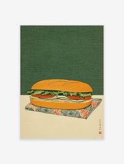 Japanese Ukiyo-e style sandwich wall art print featuring a sub on a patterned napkin against a dark green background.