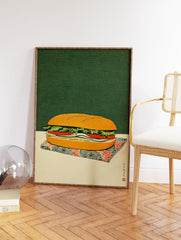 Japanese Ukiyo-e style sandwich wall art print featuring a sub on a patterned napkin against a dark green background. - Image 2