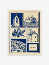 Santorini wall art print featuring blue and cream illustrations of a church, ferry, olive branch, windmill, and village
