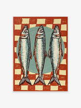 Three sardine fish illustration with blue scales on red and cream check background