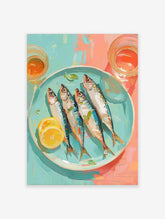 Illustrative wall art of four whole sardines with lemon and herbs on a blue plate, with glasses