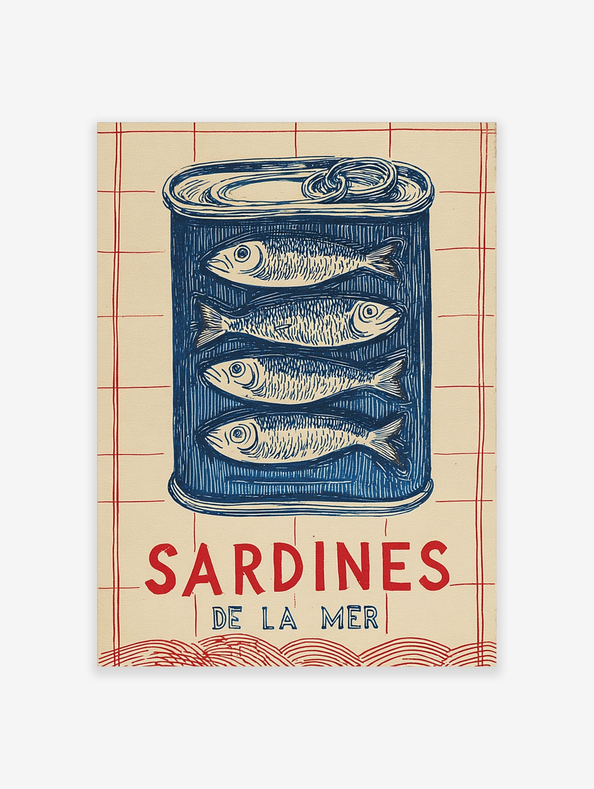 Illustrative blue sardine tin wall art with four fish and 'SARDINES DE LA MER' text on a cream and red grid background