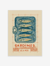 Illustrative linocut-style print of a blue sardine tin with five fish, 'Sardines Dé La Mer' text, and red wavy lines