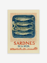 Vintage Sardines De La Mer wall art print with four fish in a blue tin, red grid background, and French text
