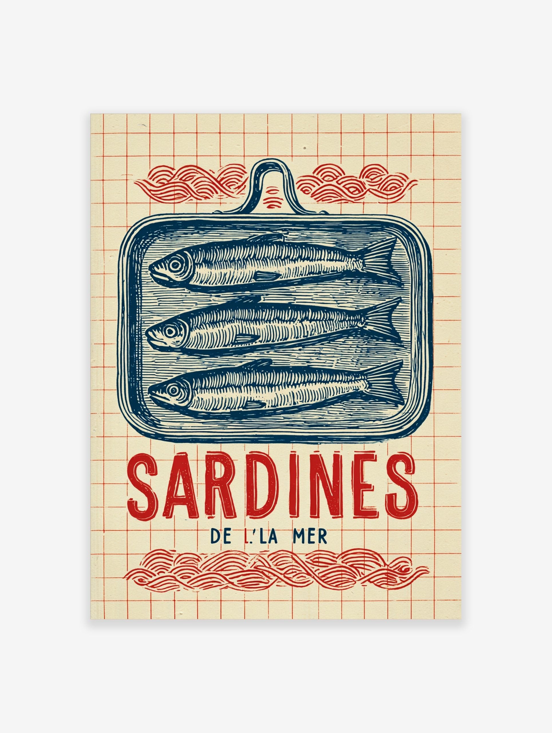 Vintage illustrative print of three blue sardines in a tin, with 'Sardines De L'La Mer' text and red waves on a grid