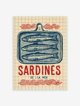 Vintage illustrative print of three blue sardines in a tin, with 'Sardines De L'La Mer' text and red waves on a grid