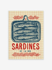 Vintage illustrative print of three blue sardines in a tin, with 'Sardines De L'La Mer' text and red waves on a grid
