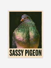 Sassy Pigeon poster with a close-up pigeon in green and pink plumage above bold black text