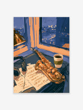 Saxophone on sheet music with headphones and coffee cup by a night city window, blue and orange jazz poster