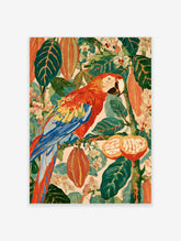 Scarlet macaw perched on a branch with cacao pods and white blossoms, colourful jungle art print