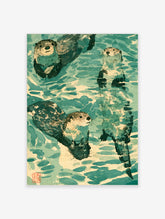 Japanese woodblock sea otter poster with three otters swimming in teal water and cream ripples