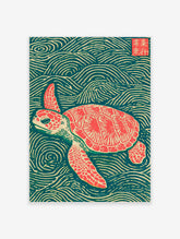 Coral-red sea turtle swimming through teal Japanese wave pattern art print