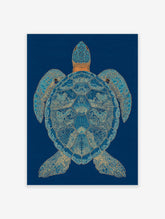 Stylized blue and gold sea turtle wall art print with intricate patterns on a dark blue background.