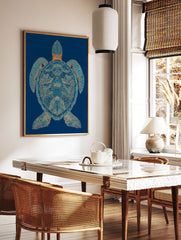 Stylized blue and gold sea turtle wall art print with intricate patterns on a dark blue background. - Image 2