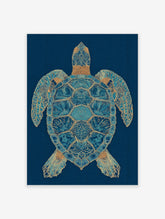 Intricate blue and gold sea turtle wall art print on a dark blue wavy background, showcasing detailed marine life illustration.